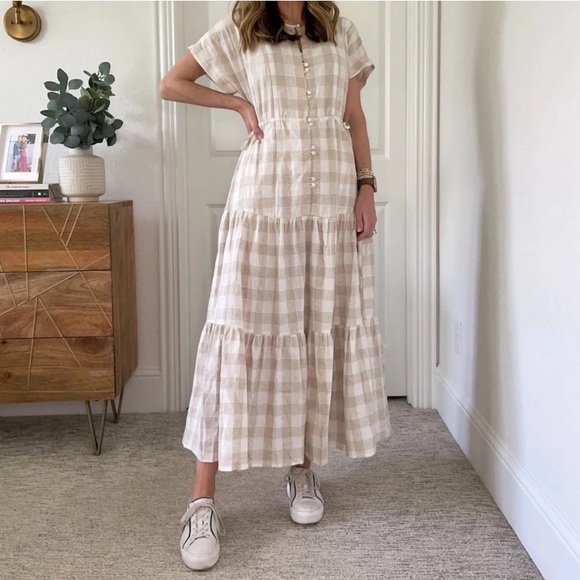 Madewell Dresses & Skirts - Madewell Dress Midi Maxi Linen Button-Front Tiered Gingham Neutrals Minimalist M